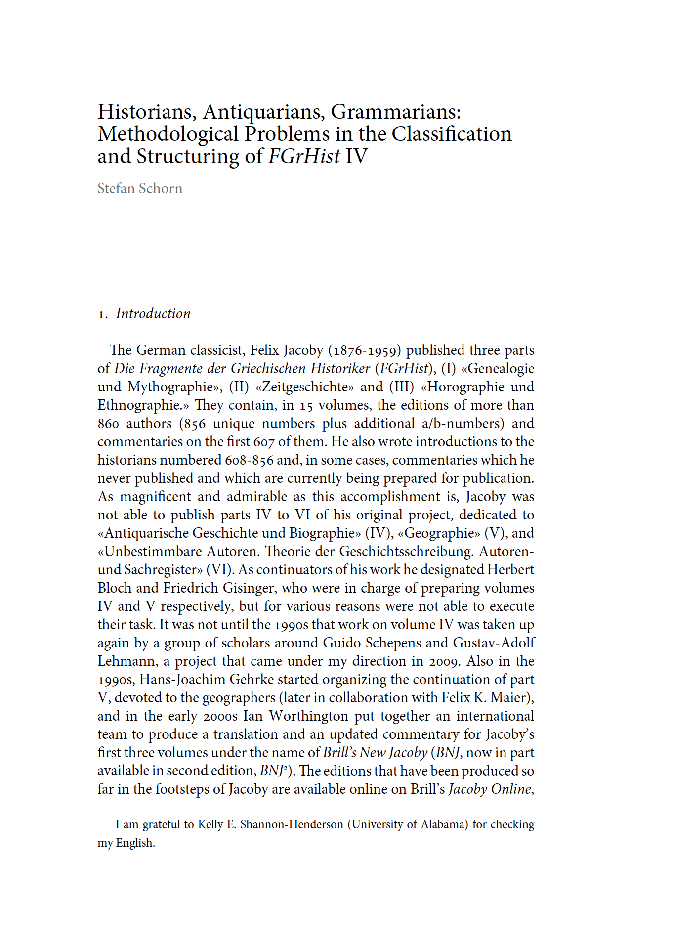 Historians, Antiquarians, Grammarians: Methodological Problems in the Classification and Structuring of FGrHist IV