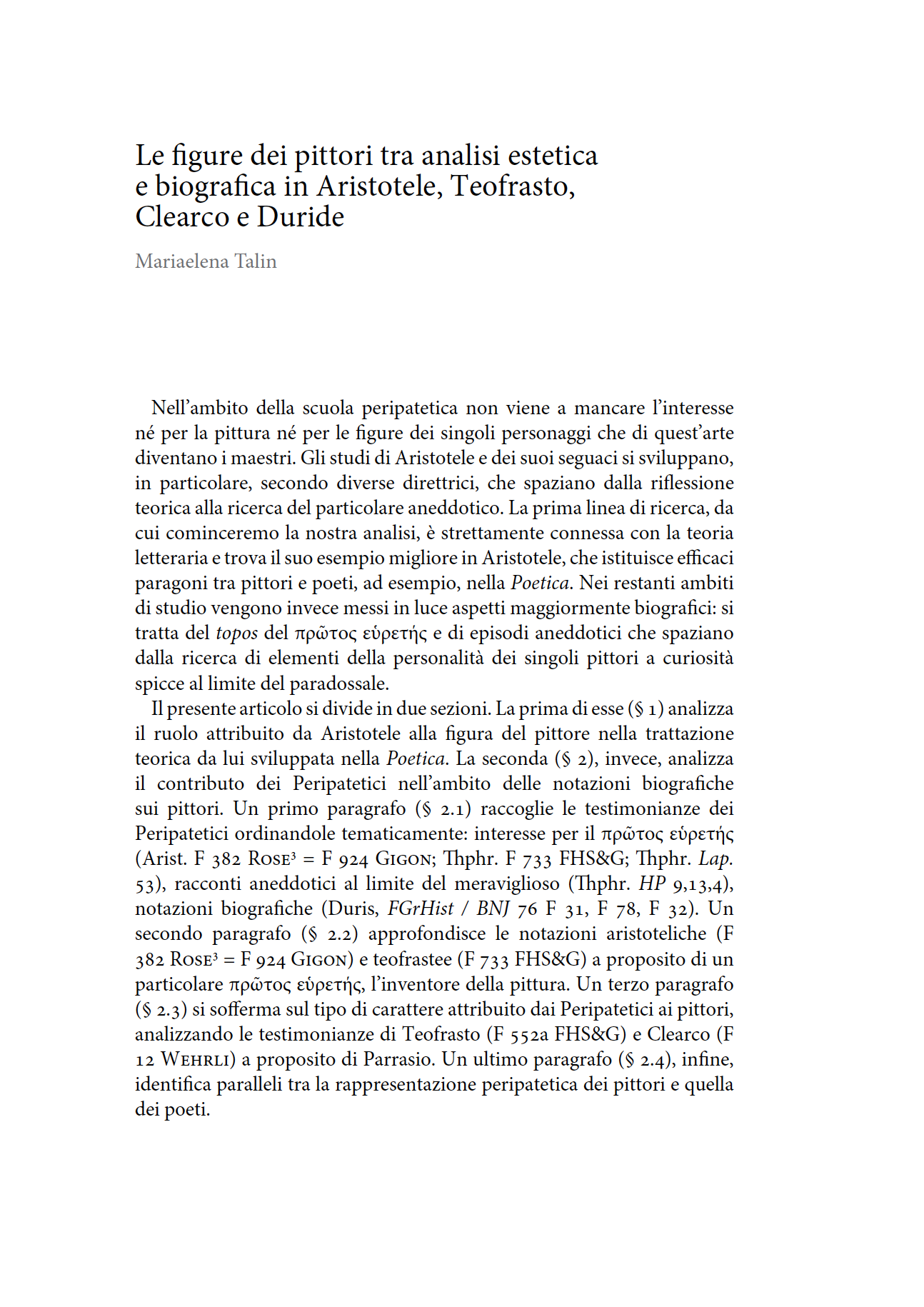 Le figure dei pittori tra analisi estetica e biografia in Aristotele, Teofrasto, Clearco e Duride