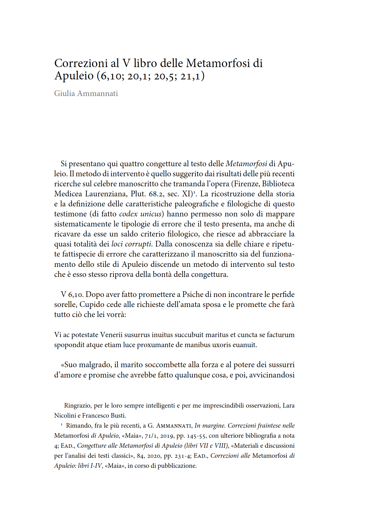 Correzioni al V libro delle Metamorfosi di Apuleio