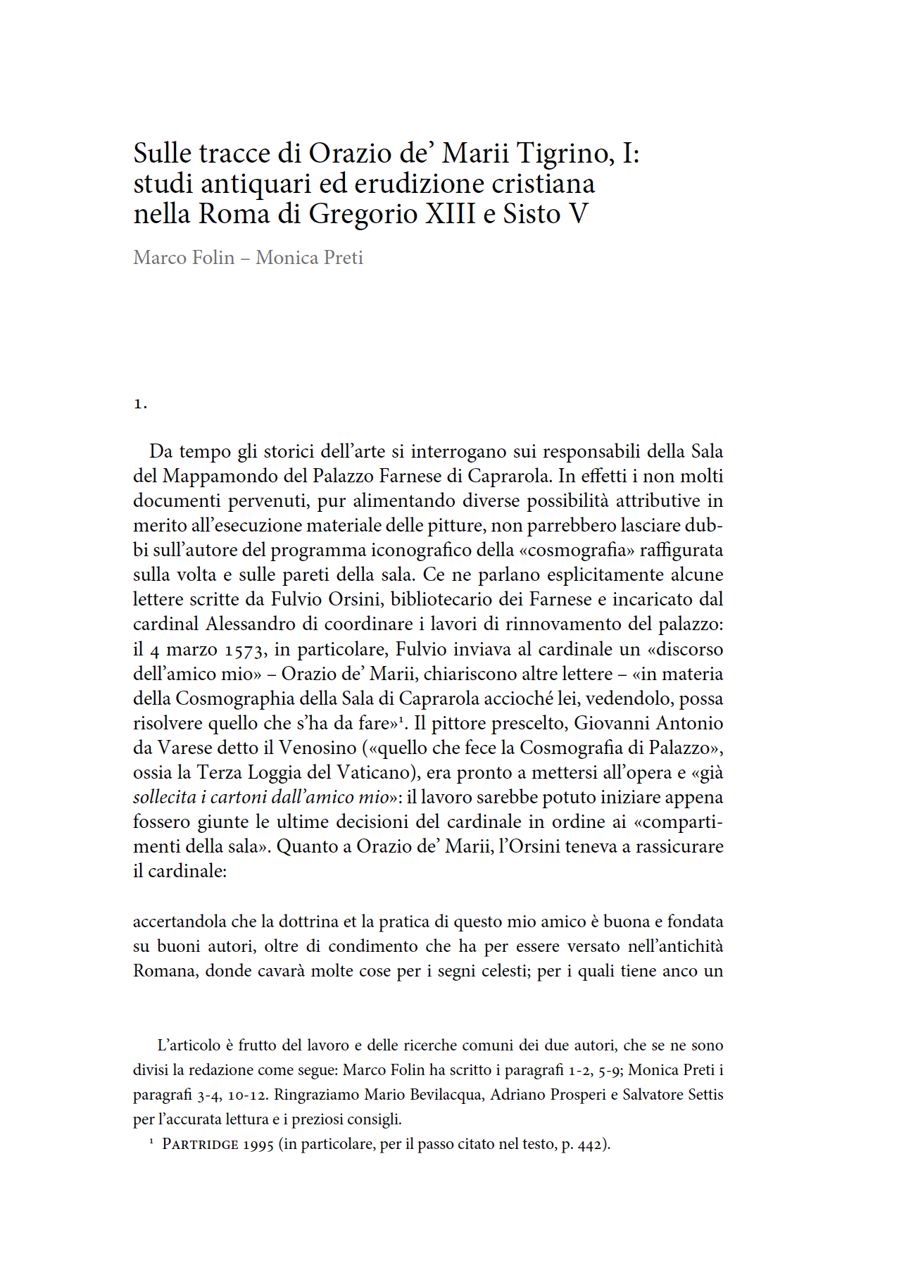 Sulle tracce di Orazio de' Marii Tigrino, I
